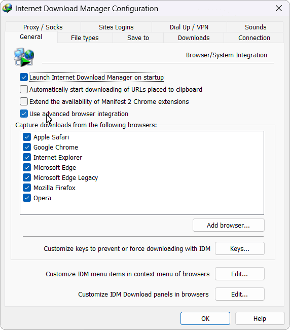 หน้าต่าง Options ของ IDM แท็บ General แสดงรายชื่อเบราว์เซอร์ที่เชื่อมต่ออยู่ พร้อมปุ่ม Add browser