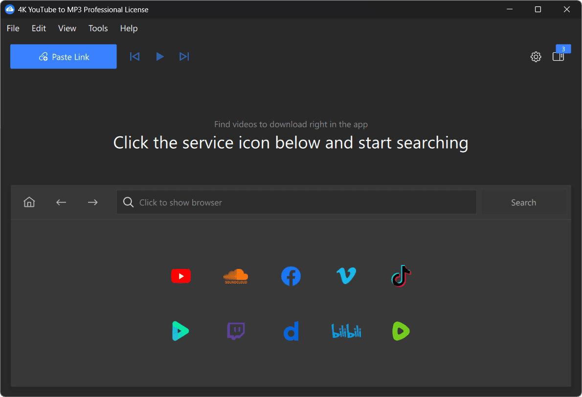 หน้าจอการใช้งานของโปรแกรม 4K YouTube to MP3 26.3.0