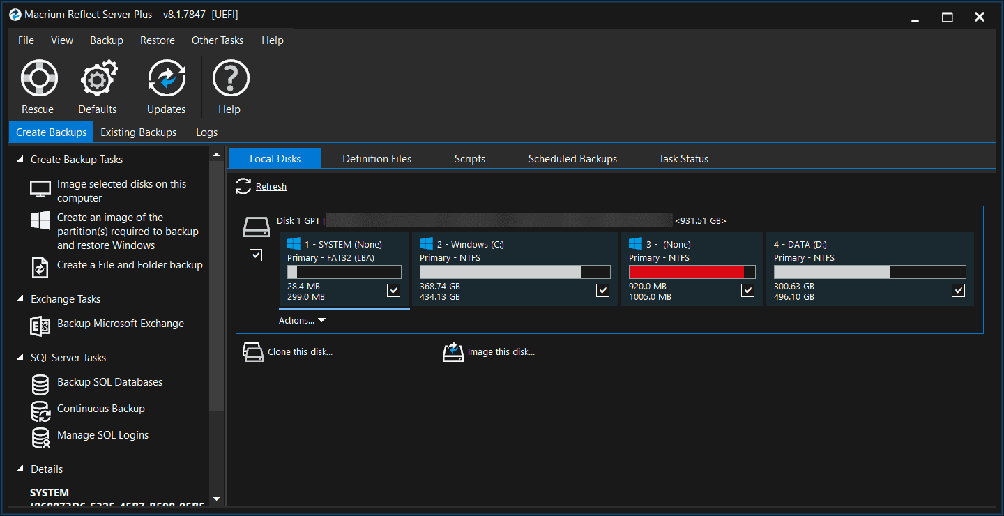หน้าจอการใช้งานของโปรแกรม Macrium Reflect 10.0.8843