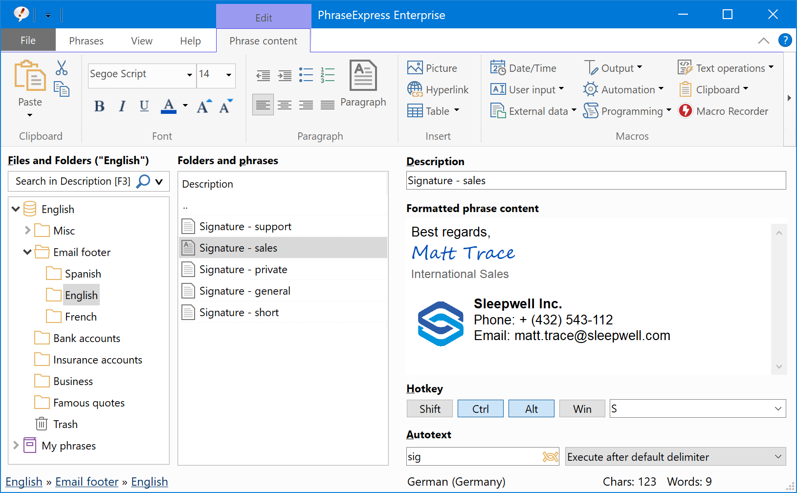 หน้าจอการใช้งานของโปรแกรม PhraseExpress 18.0.74