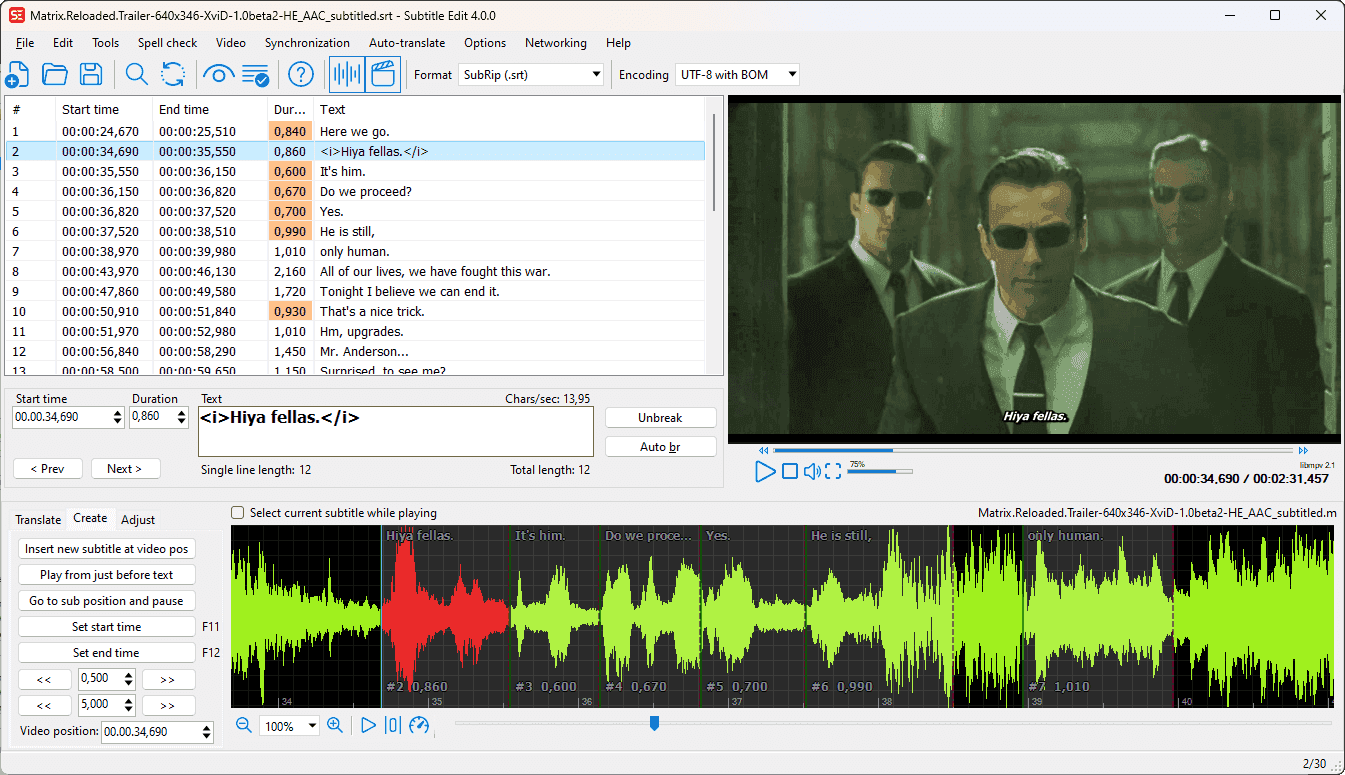 หน้าจอการใช้งานของโปรแกรม Subtitle Edit 5.1.0